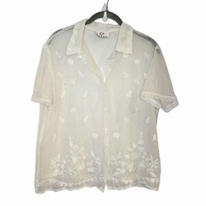 Y2K Ice Floral Embroidered Sheer Button Blouse Fairy Whimsygoth Boho White XL